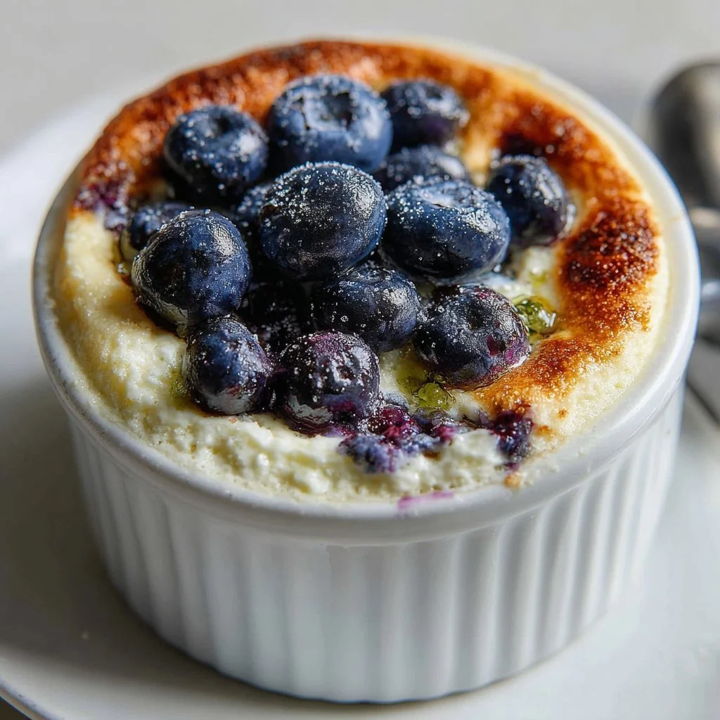 Baked blueberry cottage cheese breakfast bowl garnished with fresh blueberries.