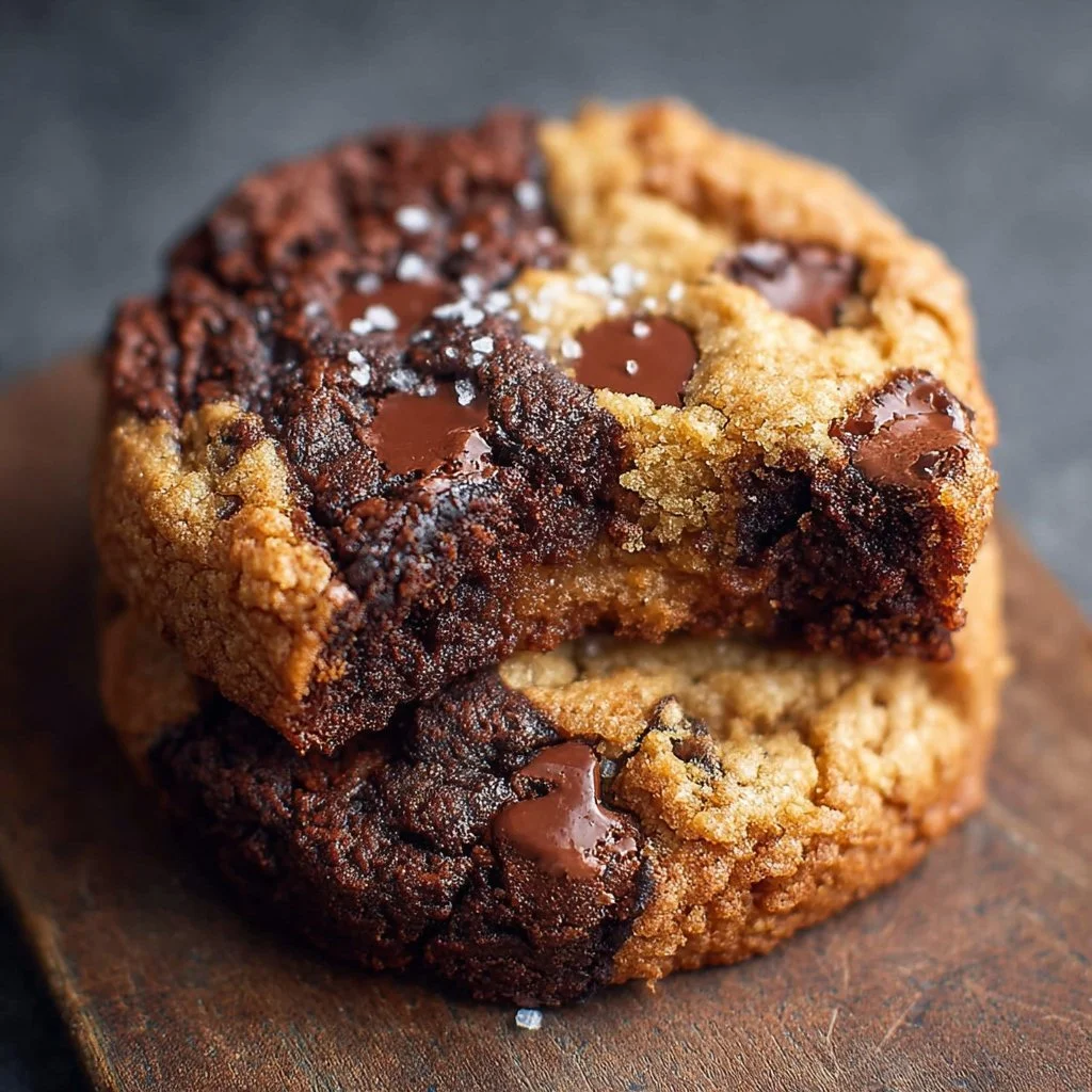 Plate of delicious homemade Brookie Cookies featuring layers of brownie and cookie dough.