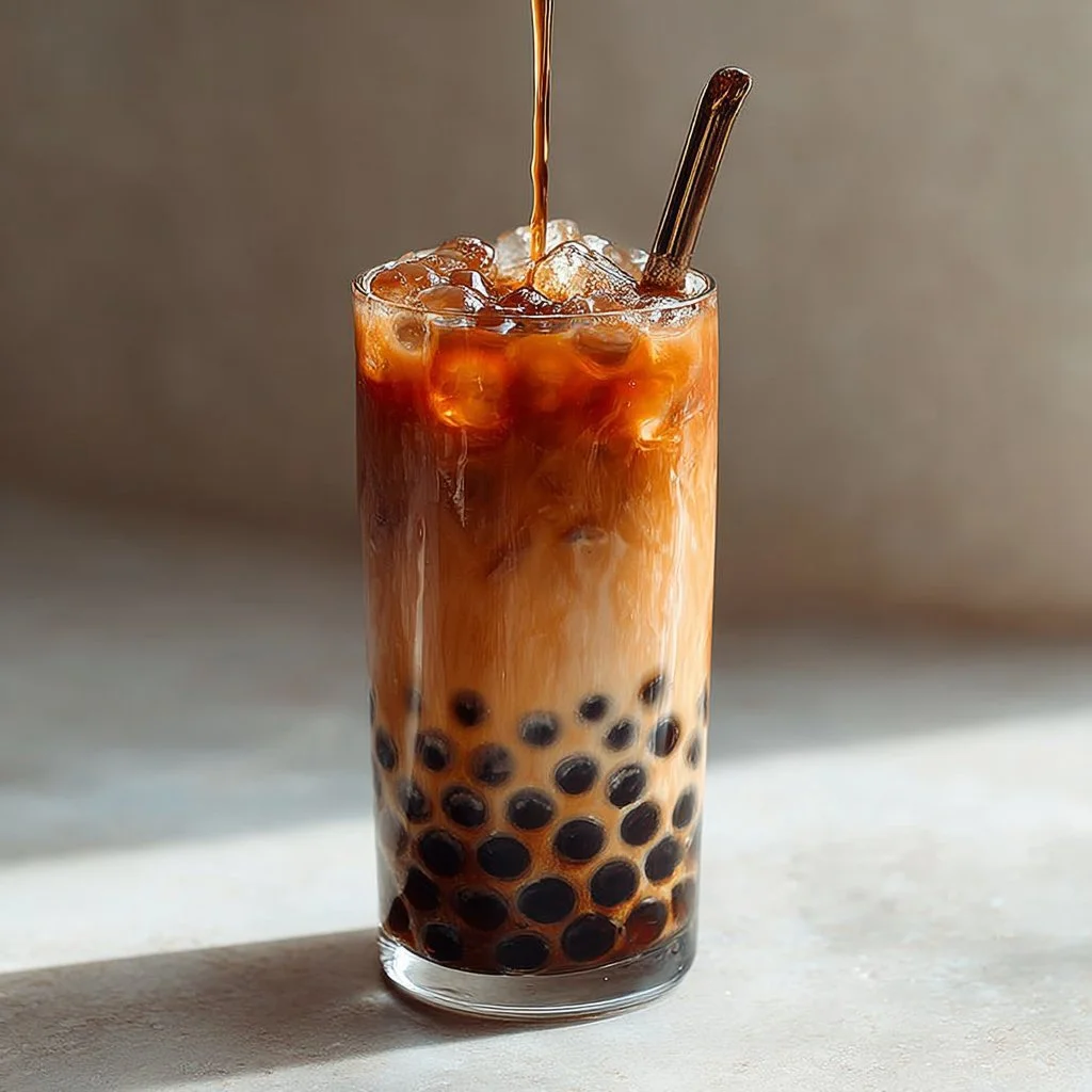 Brown Sugar Boba Iced Coffee served in a clear glass with boba pearls and ice