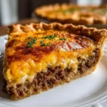 Delicious cheeseburger pie sliced and ready to serve with toppings