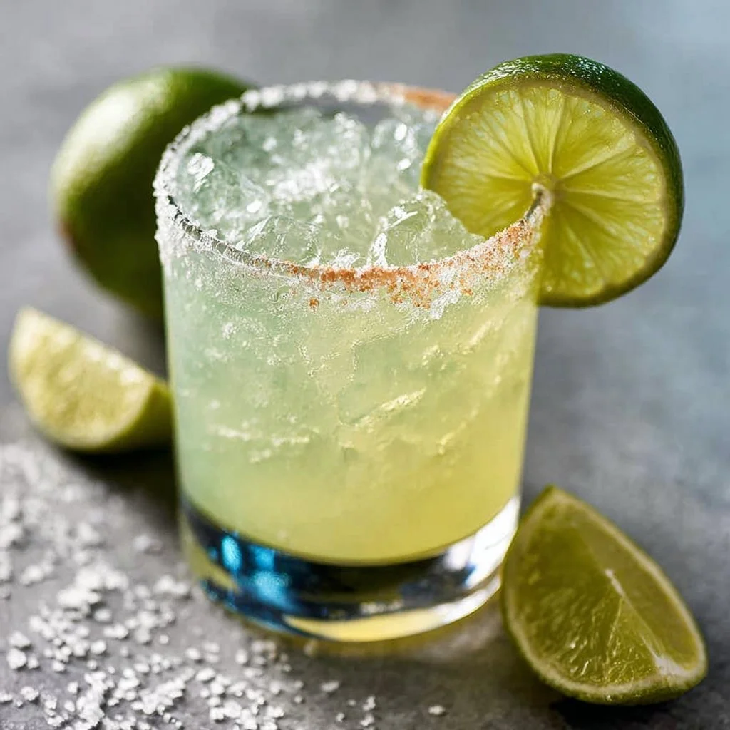 Refreshing classic margarita served with lime and salt on the rim