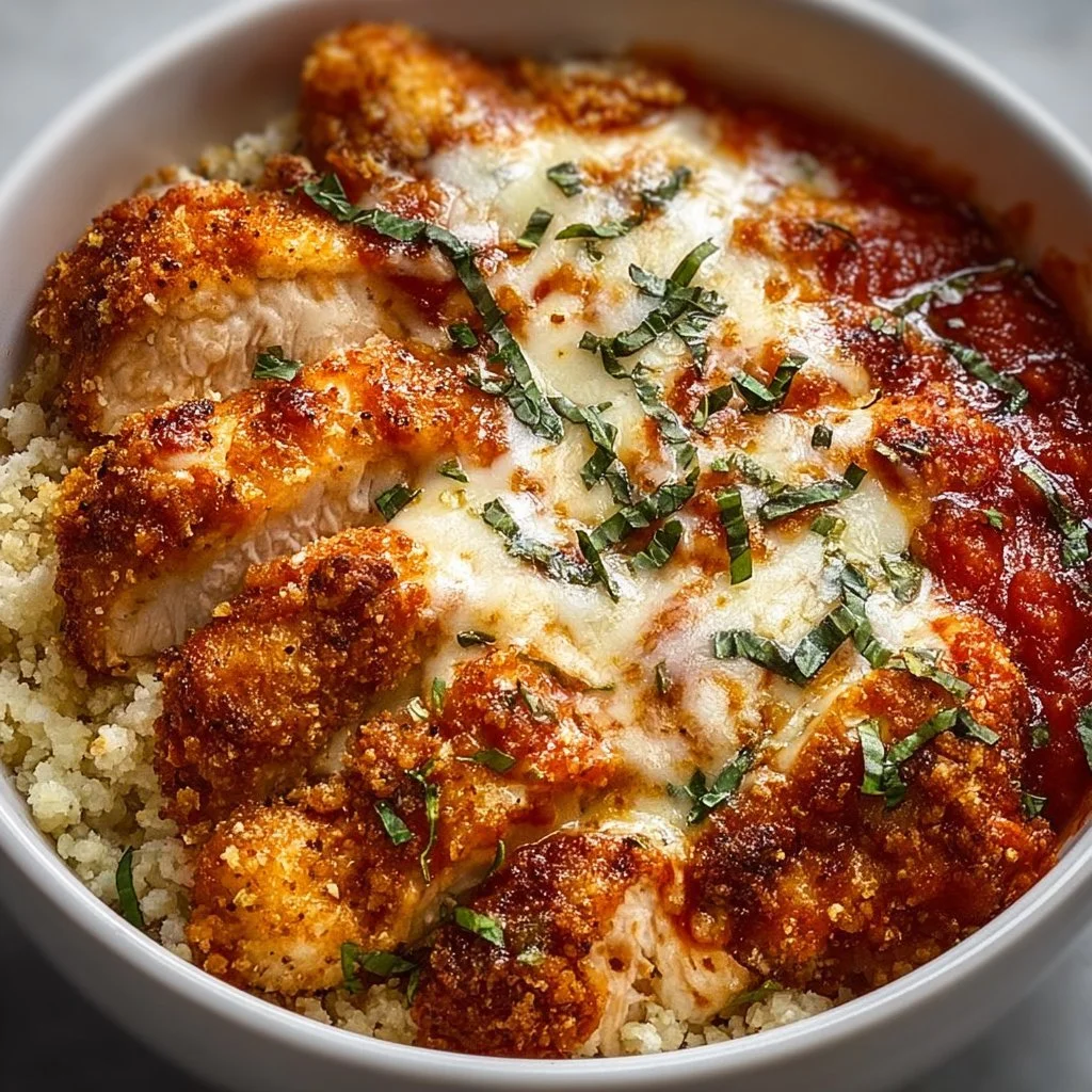 Cottage Cheese Chicken Parmesan Bowl recipe with healthy ingredients