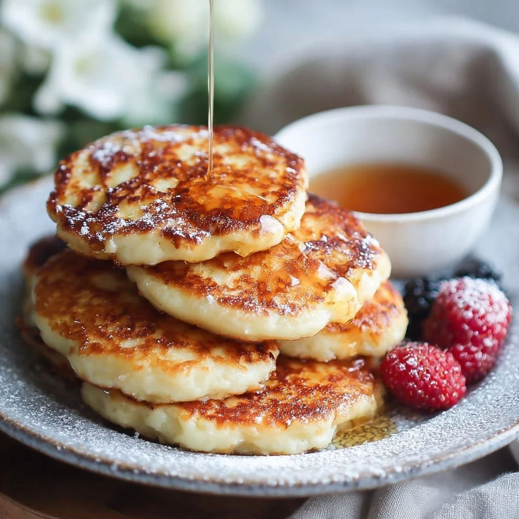 Delicious cottage cheese pancakes stacked on a plate with syrup and berries