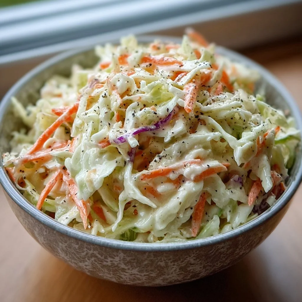 Bowl of creamy coleslaw with fresh vegetables and dressing