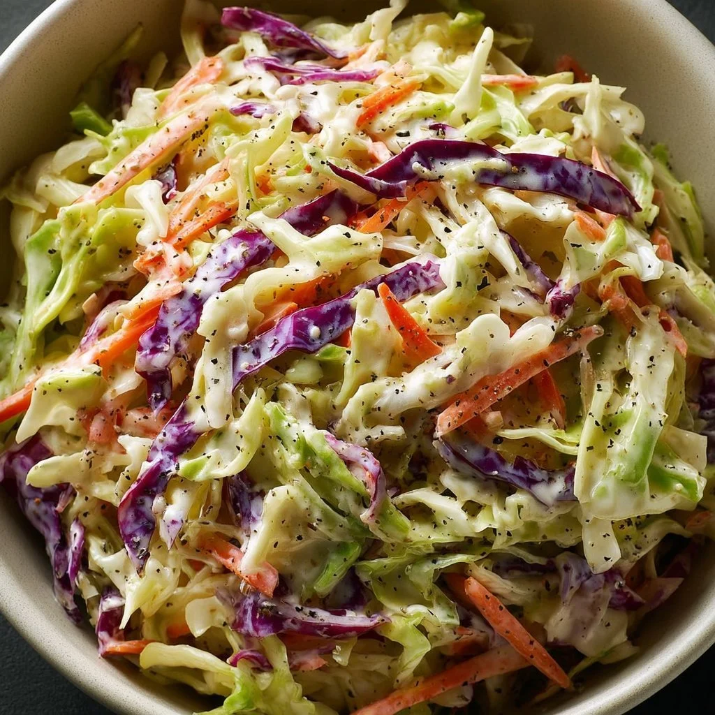 A bowl of crunchy coleslaw made with fresh cabbage and colorful vegetables