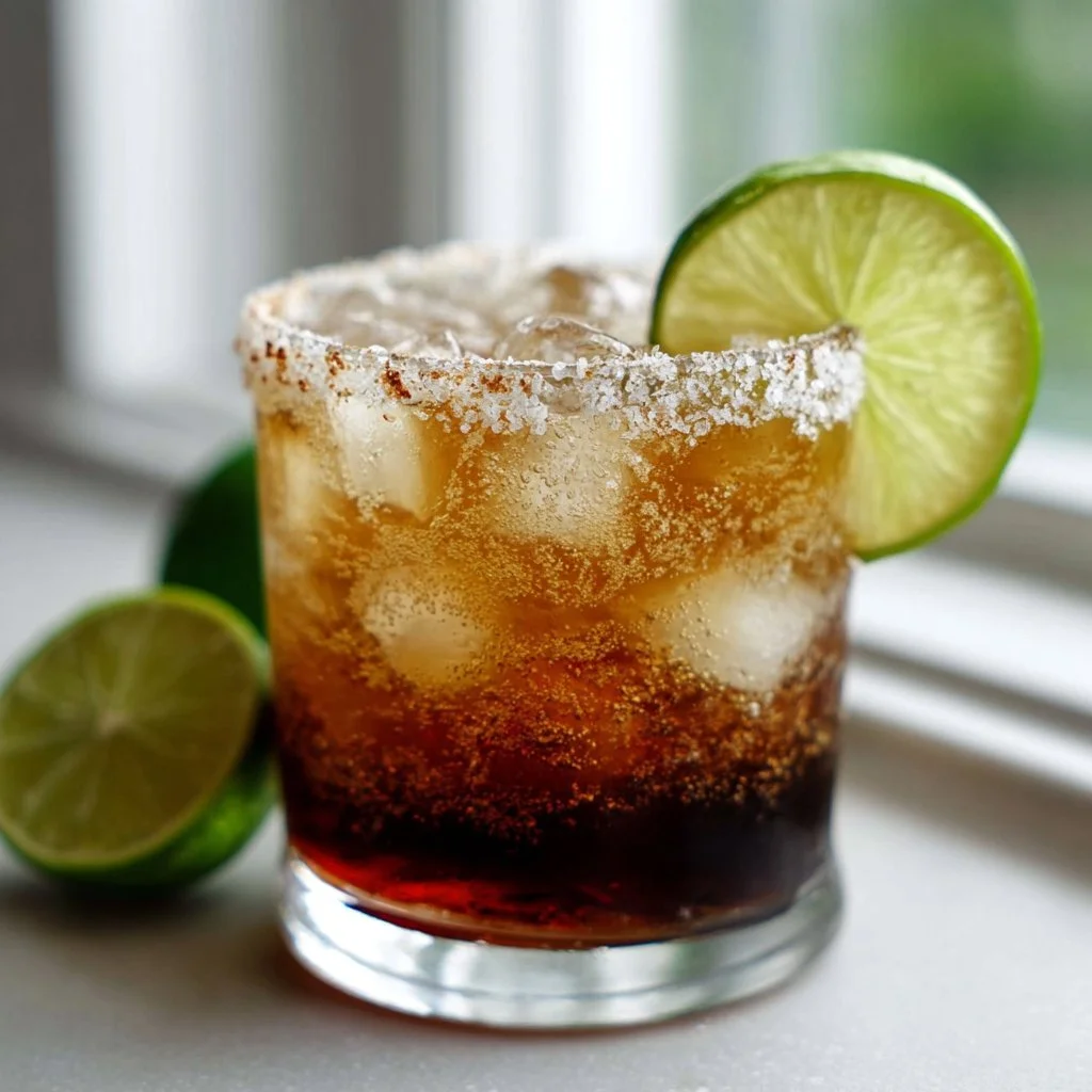 Delicious Dr Pepper Margarita served in a stylish glass with lime garnish.