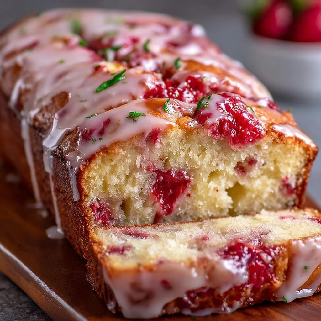 Delicious glazed strawberry bread fresh out of the oven with strawberries on top