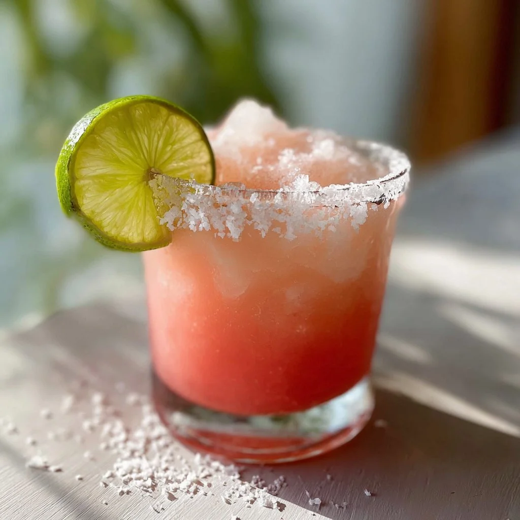 Refreshing Guava Coconut Margarita topped with lime and tropical fruits.