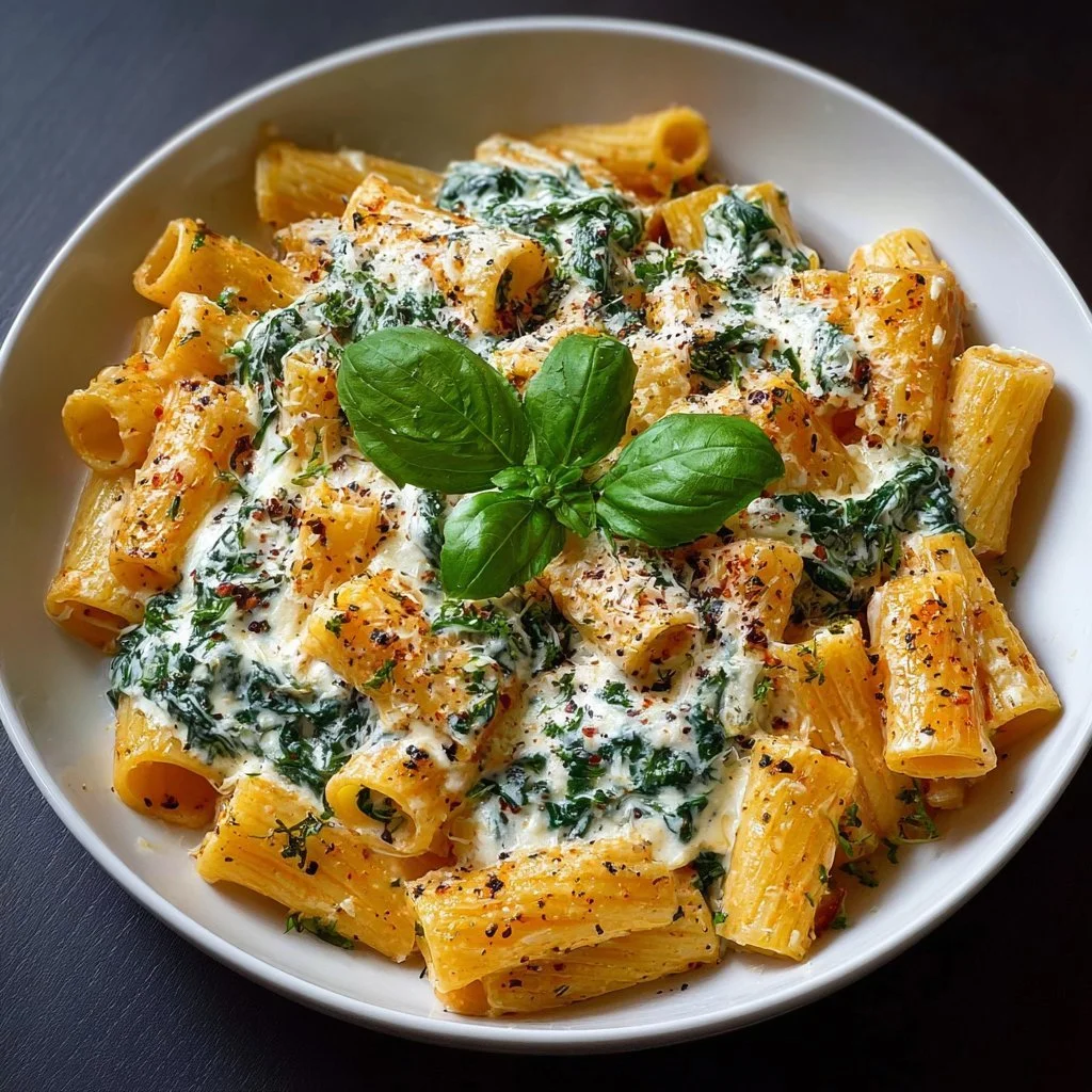 Healthy cottage cheese rigatoni served in a bowl with fresh herbs