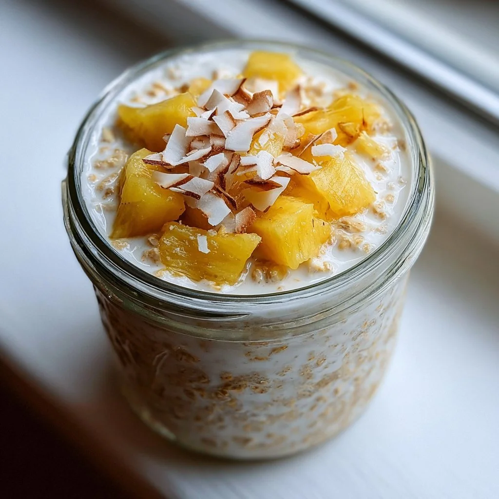 Delicious pineapple coconut overnight oats served in a bowl with fresh fruit.