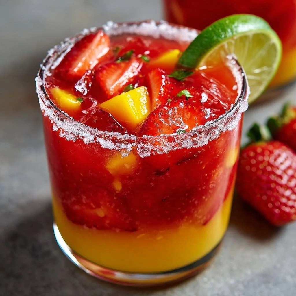 Strawberry Mango Margarita cocktail with fresh fruits and garnish.