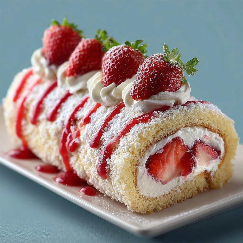 Strawberry Shortcake Sushi Roll topped with fresh strawberries and whipped cream