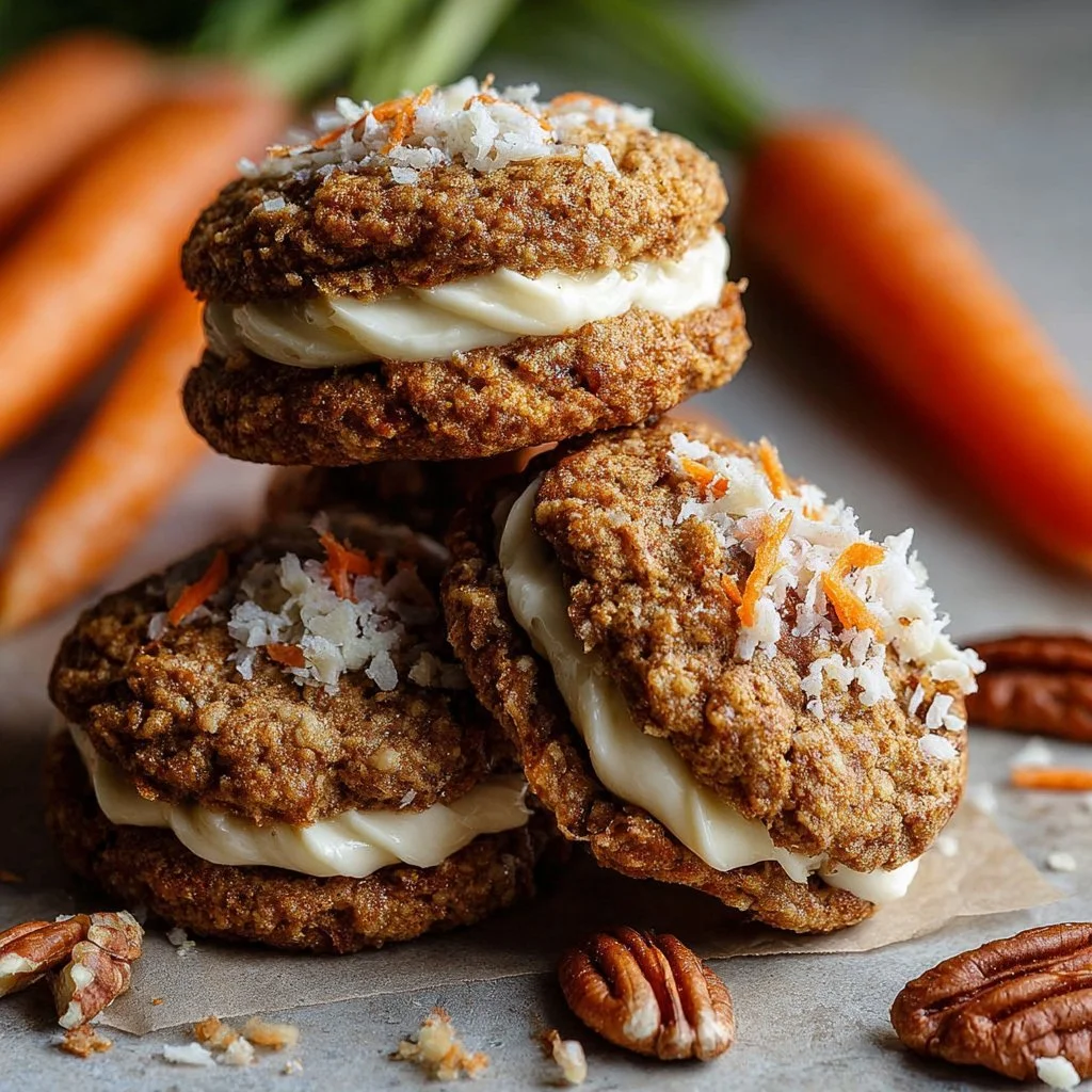 Delicious stuffed carrot cake cookies with cream filling on a plate