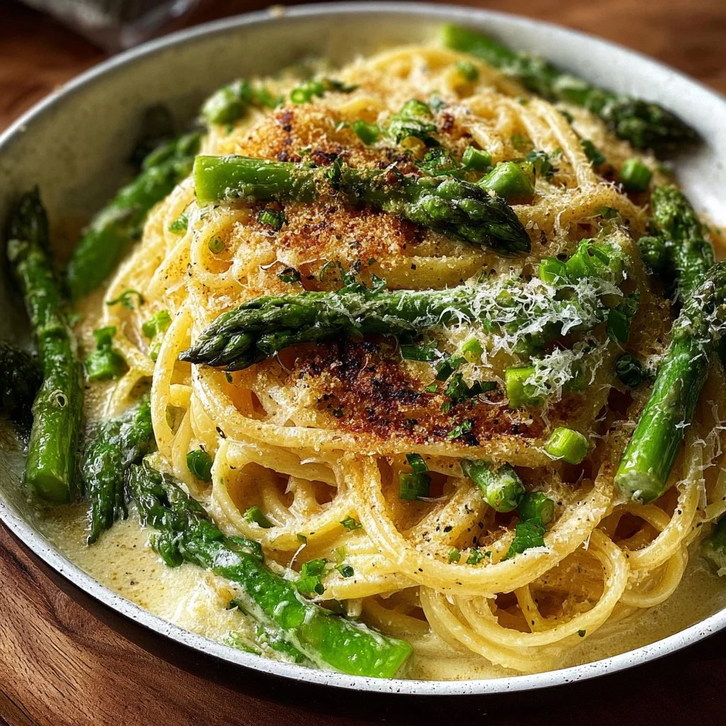 Asparagus & Lemon Cream Pasta served in a bowl with a sprinkle of parmesan.