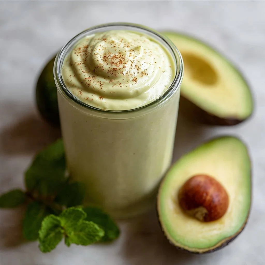 Delicious Avocado Vanilla Protein Smoothie in a glass garnished with mint leaves