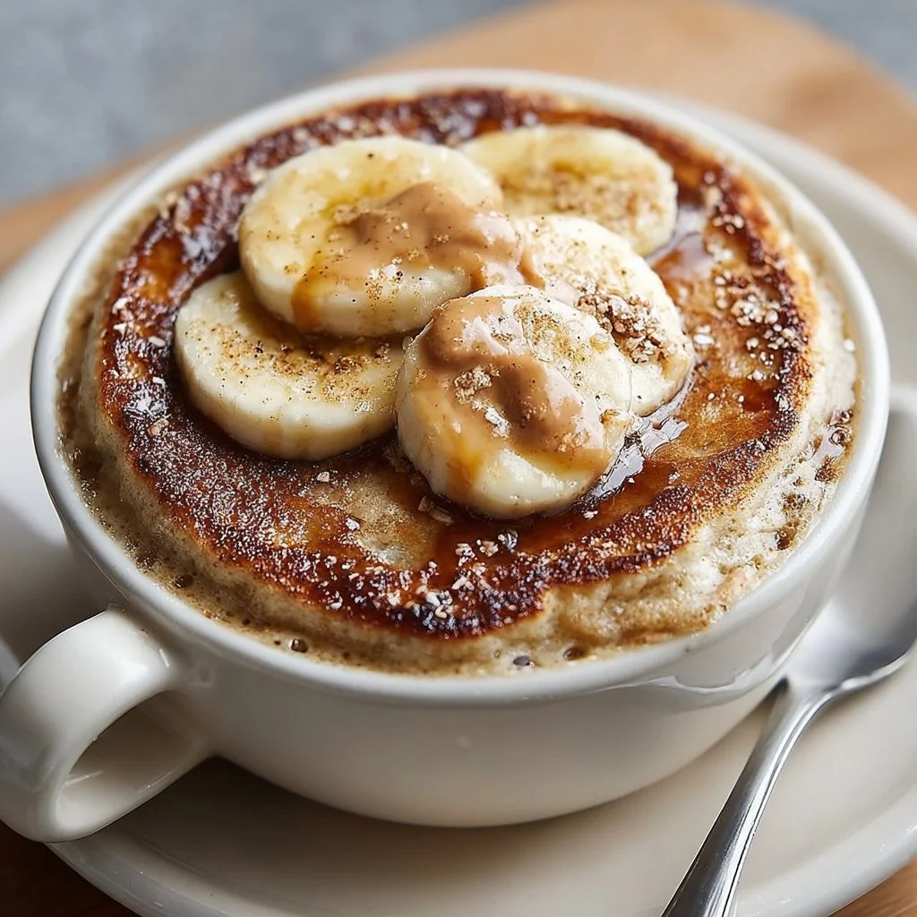 Delicious banana mug pancake topped with sliced bananas and syrup