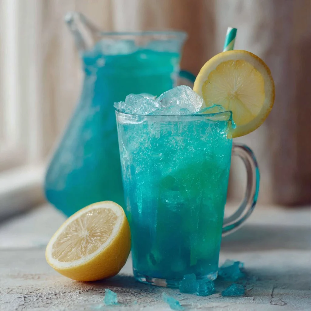 Glass of blue raspberry lemonade with lemon slices and ice cubes