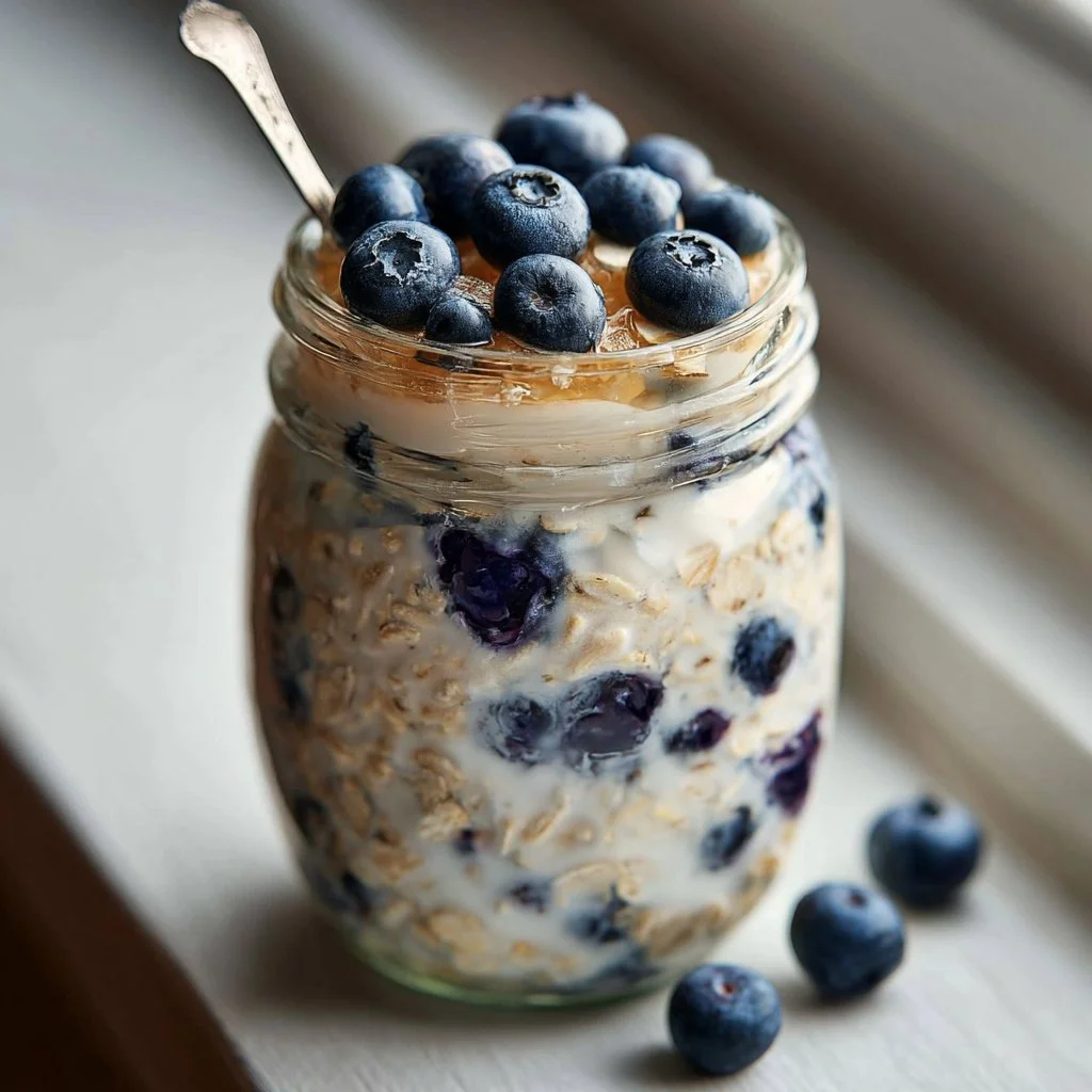 Delicious blueberry overnight oats in a jar topped with fresh blueberries
