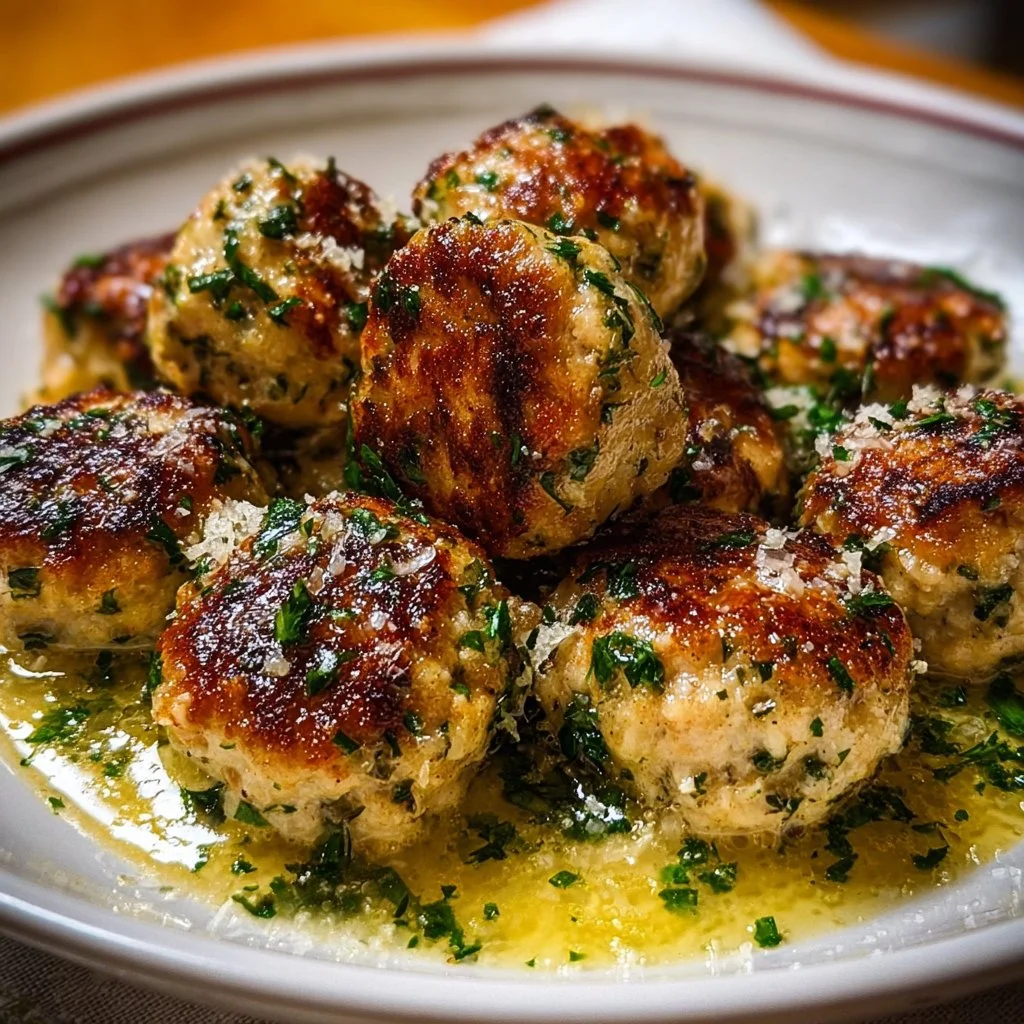 Chicken Piccata meatballs served with lemon and capers