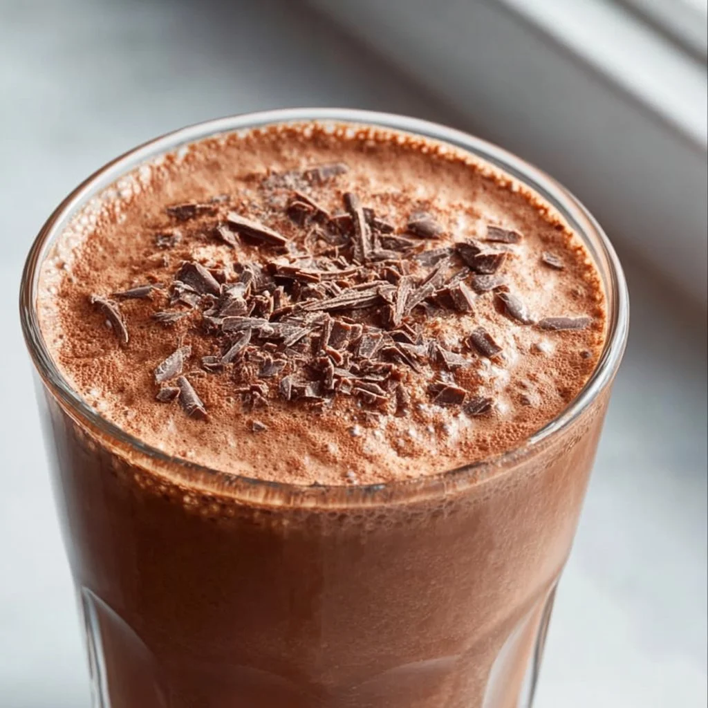 Delicious chocolate cottage cheese smoothie in a glass with a straw