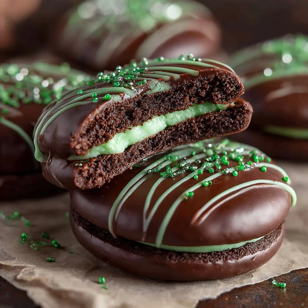 Chocolate covered Mint Oreos stacked on a plate with mint leaves