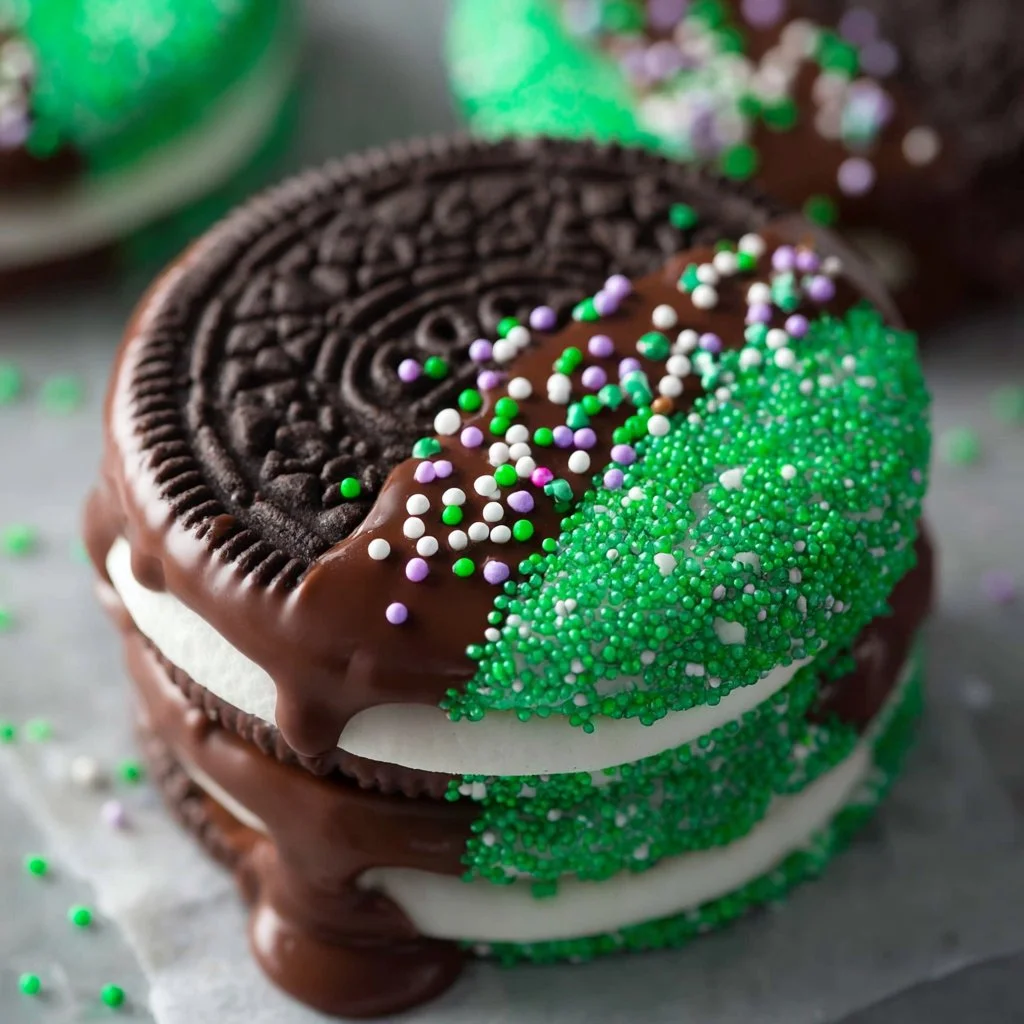 Delicious Chocolate Dipped Oreos topped with colorful sprinkles