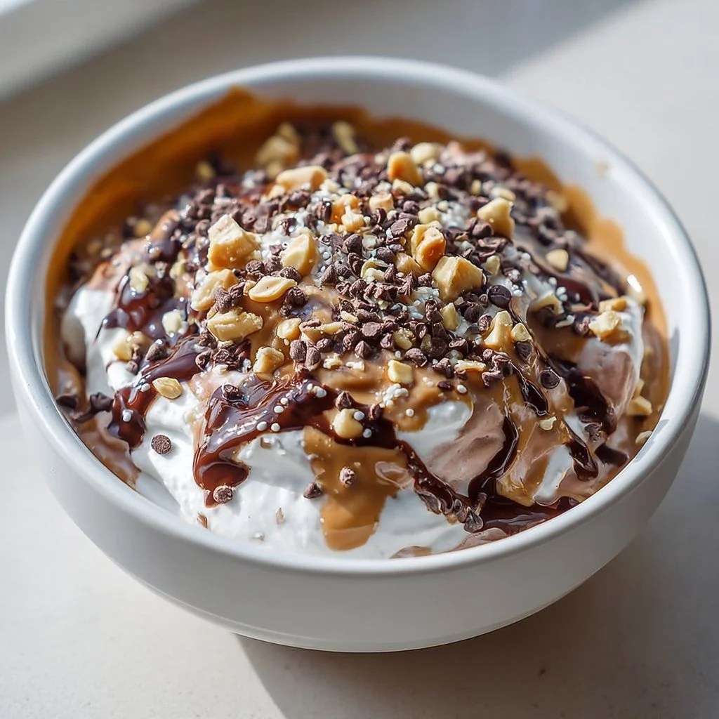 Chocolate Peanut Butter Magic Shell Yogurt dessert in a bowl