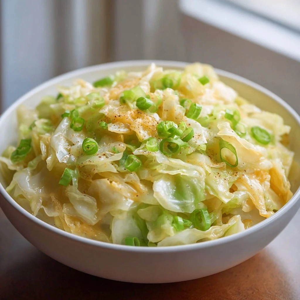 Creamy cabbage and cheddar side dish served on a plate