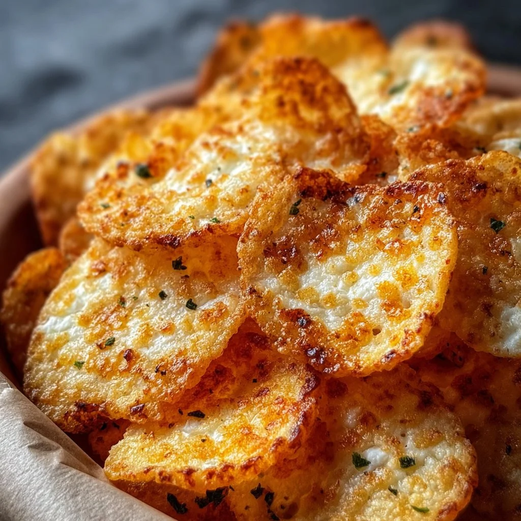 Bowl of crispy cottage cheese chips, a healthy snack alternative.