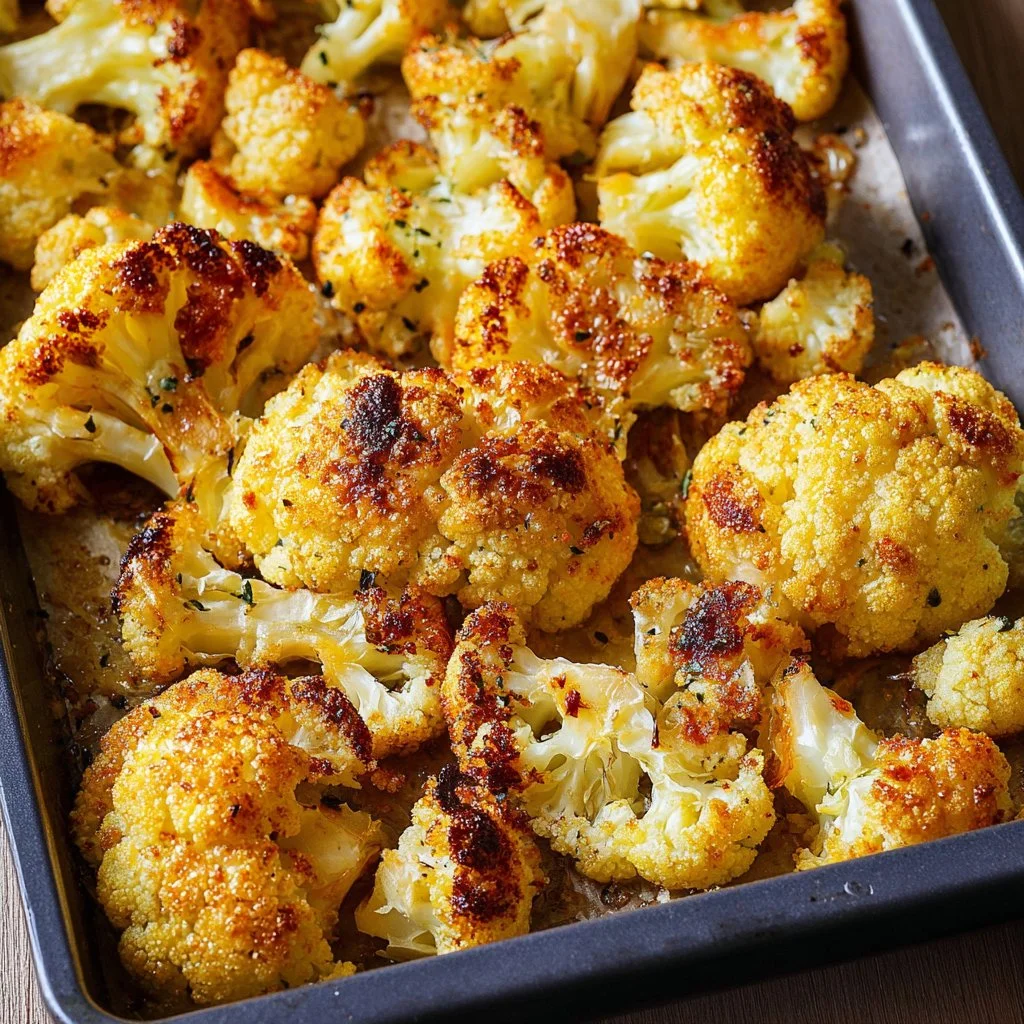 Crispy oven roasted cauliflower served on a plate, garnished and ready to enjoy.