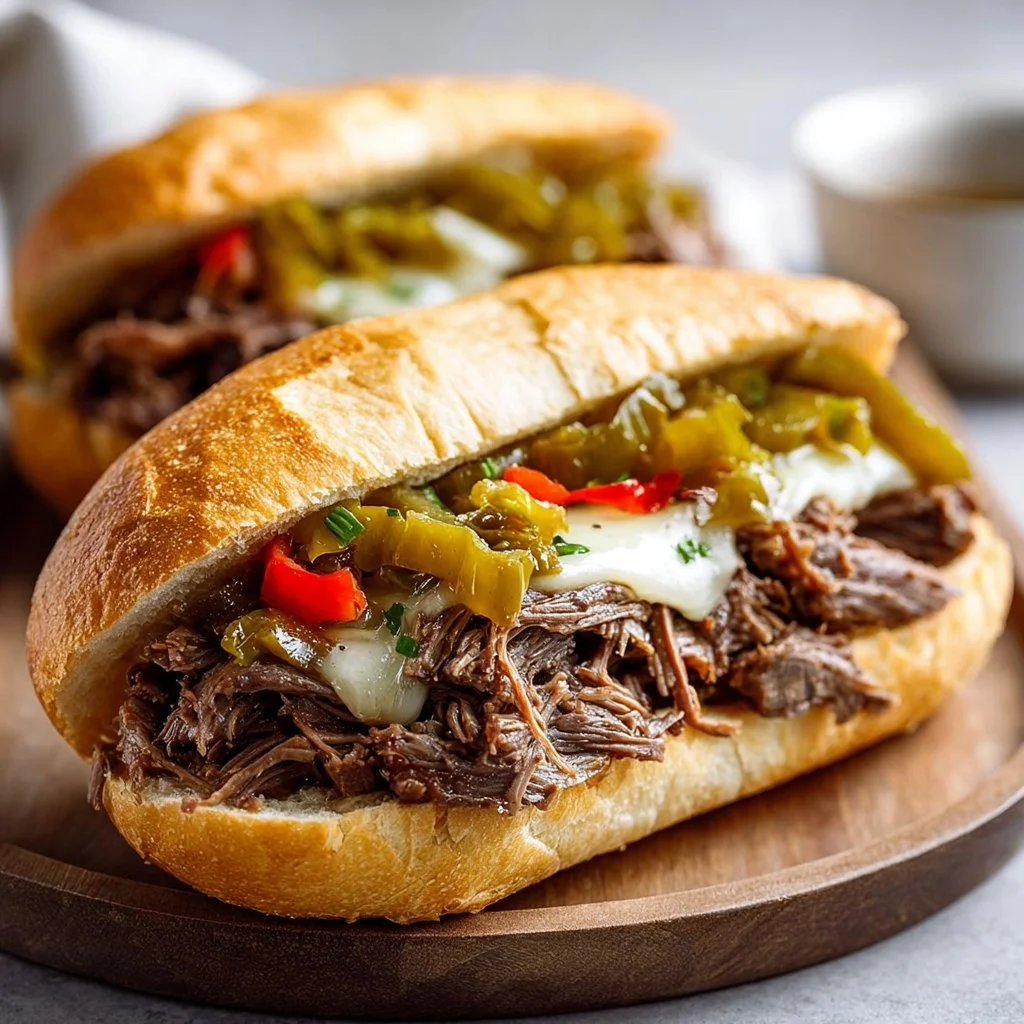 Crock-Pot Italian beef sandwiches served on a platter with toppings