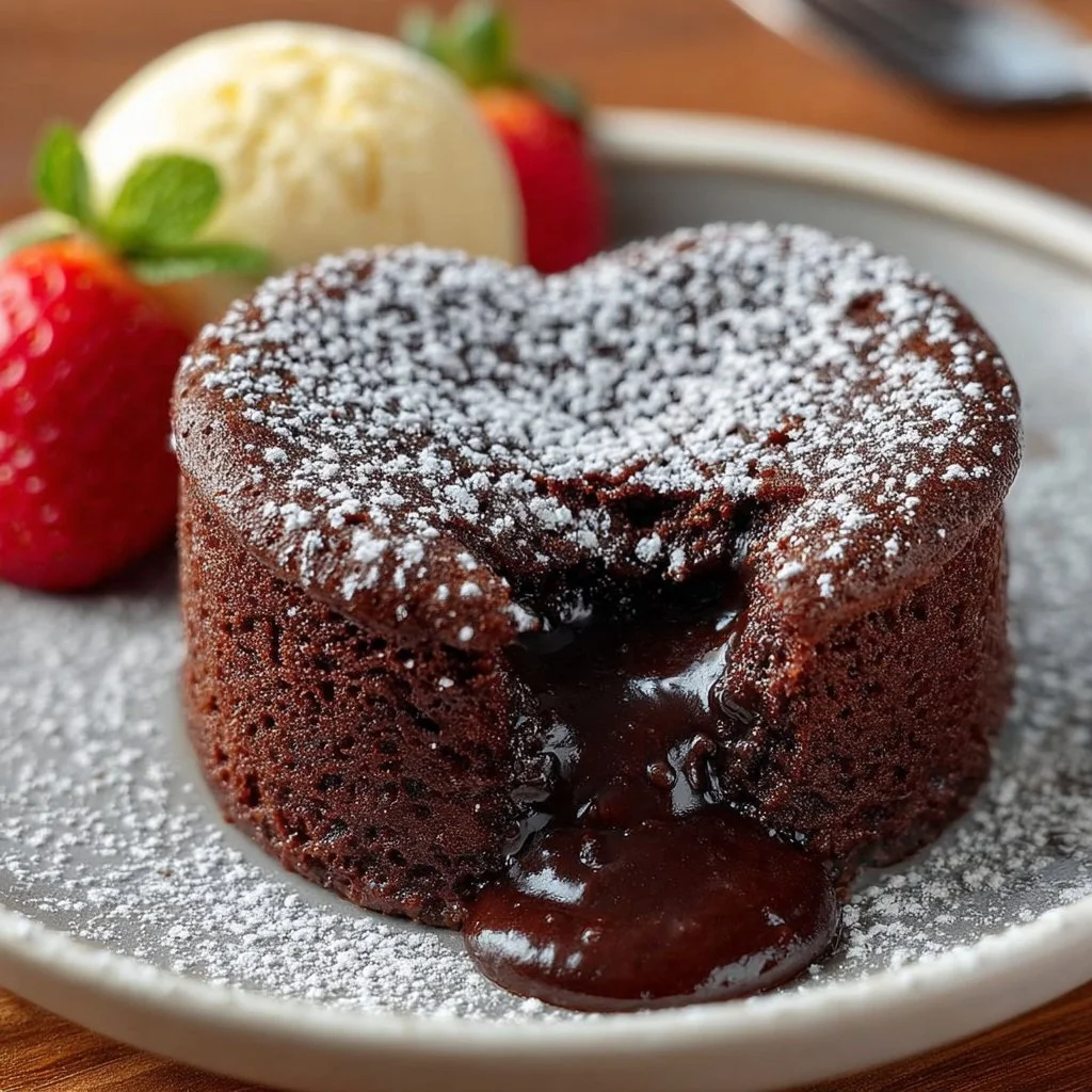 Rich dark chocolate melting heart cake with a gooey center, perfect for dessert lovers.