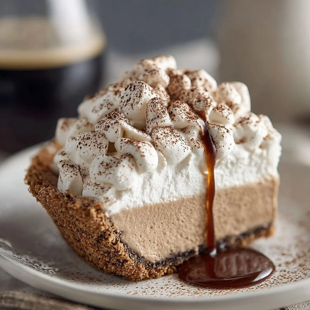Delicious no-bake Irish Coffee Pie garnished with cocoa powder and whipped cream