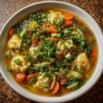 Bowl of deconstructed wonton soup with fresh ingredients and rich broth