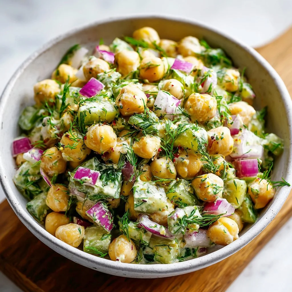 Dill Pickle Chickpea Salad with fresh vegetables and dill dressing