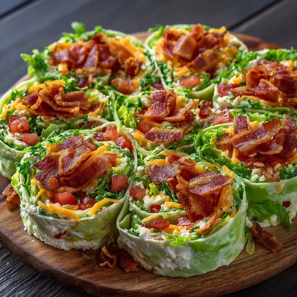 Delicious cheesy bacon spirals with lettuce and tomato for a savory snack.