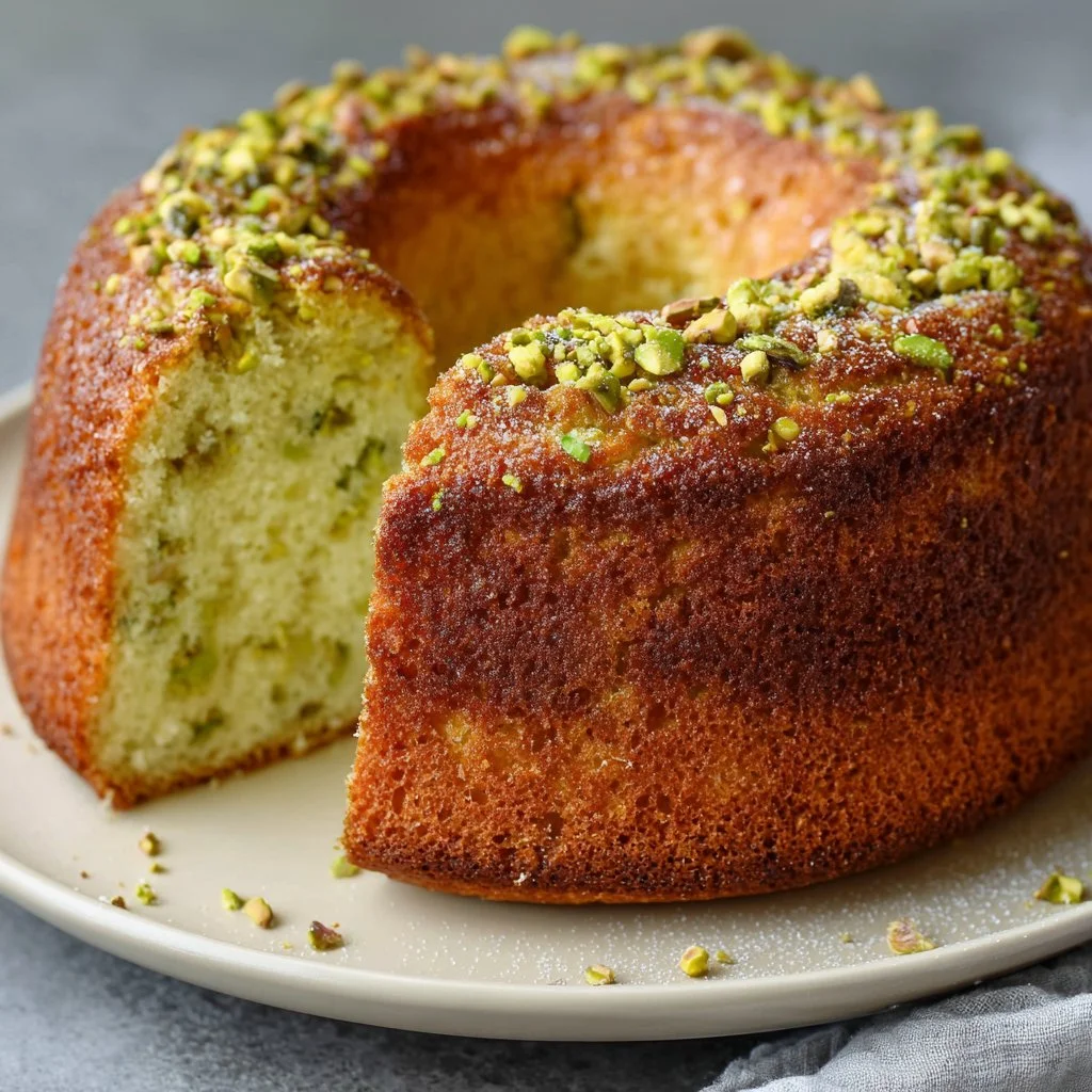 Delicious easy pistachio cake with green frosting and pistachio nuts on top.