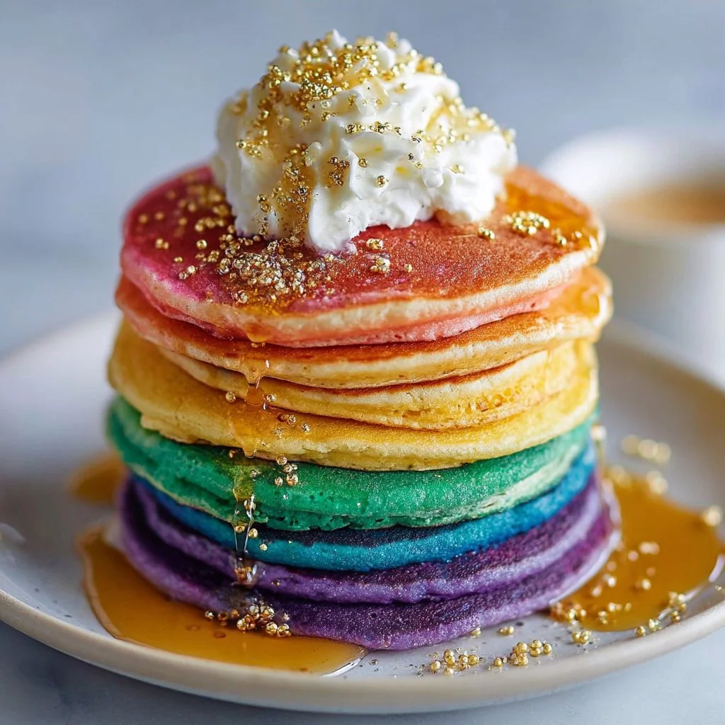 Colorful stack of easy rainbow pancakes on a plate