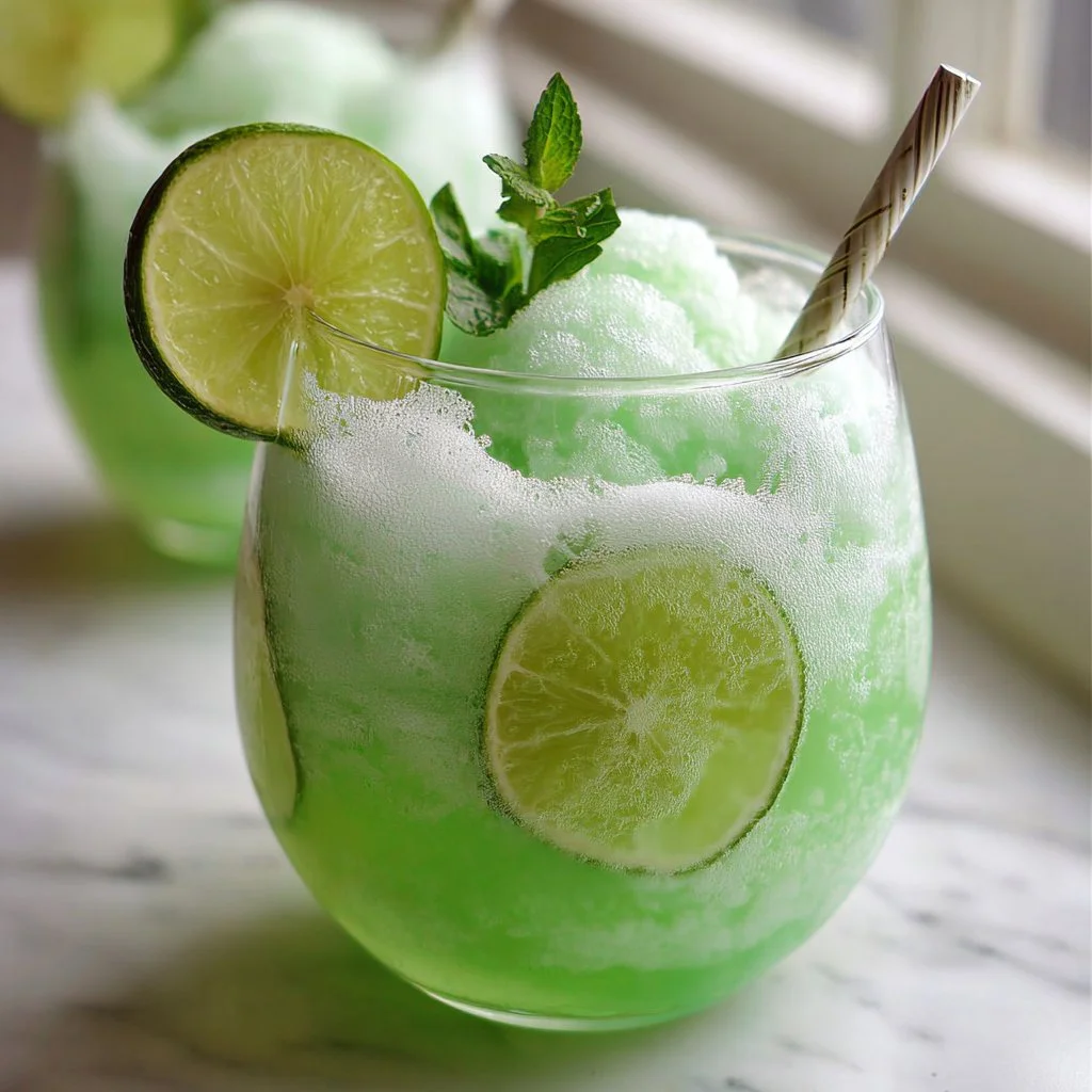 A vibrant glass of easy Shamrock Punch garnished with mint leaves.