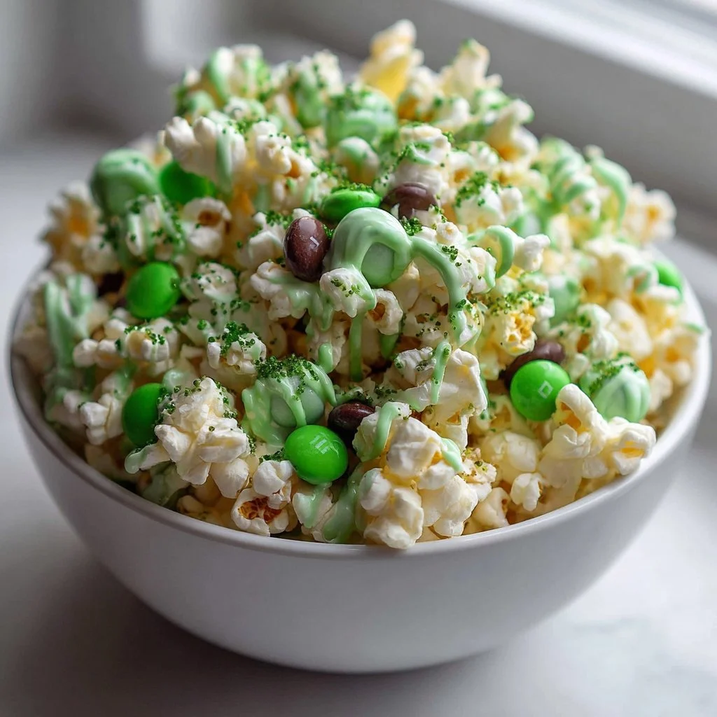 A bowl of colorful St. Patrick's Day popcorn with green and gold sprinkles.