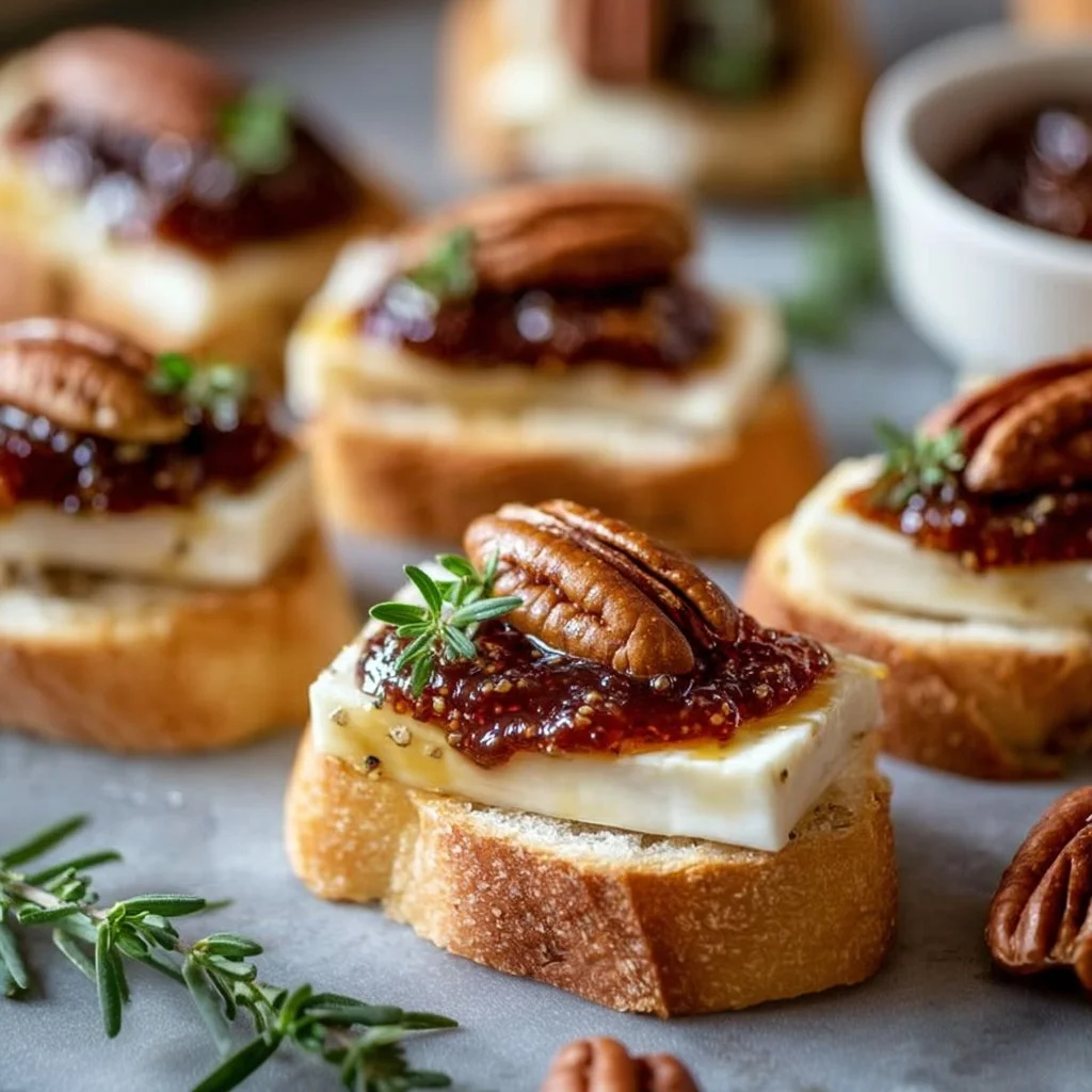 Delicious Fig and Brie Crostini Bites topped with fresh figs and herbs