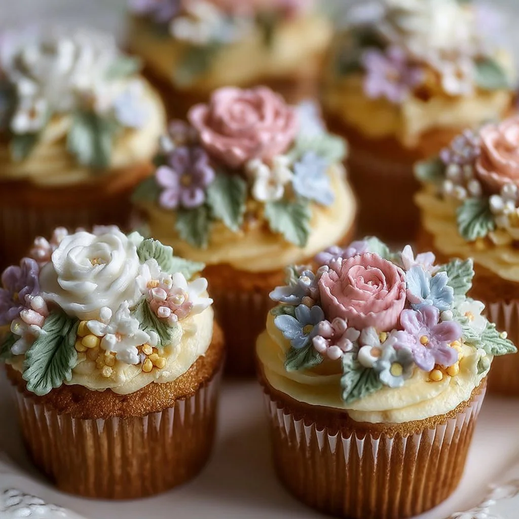 Floral bouquet cupcakes decorated with colorful icing flowers
