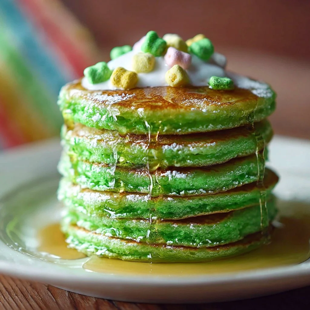 Fluffy green buttermilk pancakes for St. Patrick's Day celebration