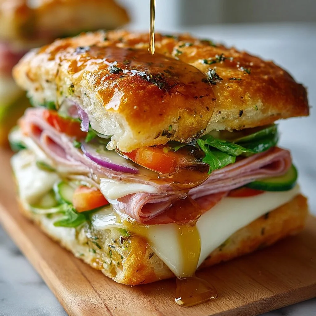Focaccia sandwiches topped with hot honey, showcasing a delicious blend of flavors.