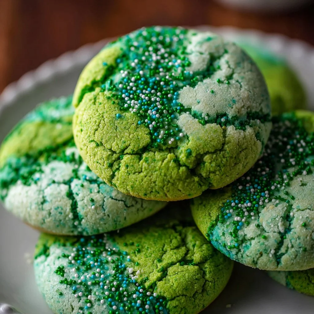 Delicious green cake mix cookies on a plate, perfect for sweet treats and celebrations.