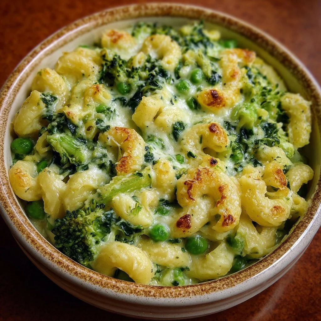 Bowl of green mac and cheese made without food coloring, featuring fresh ingredients.