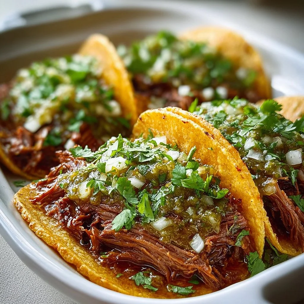Green sauce shredded beef tacos garnished with fresh herbs and lime