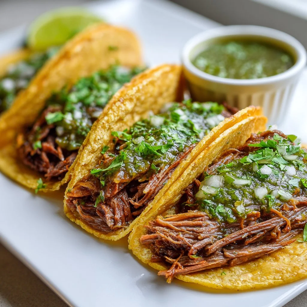Green Sauce Shredded Beef Tacos