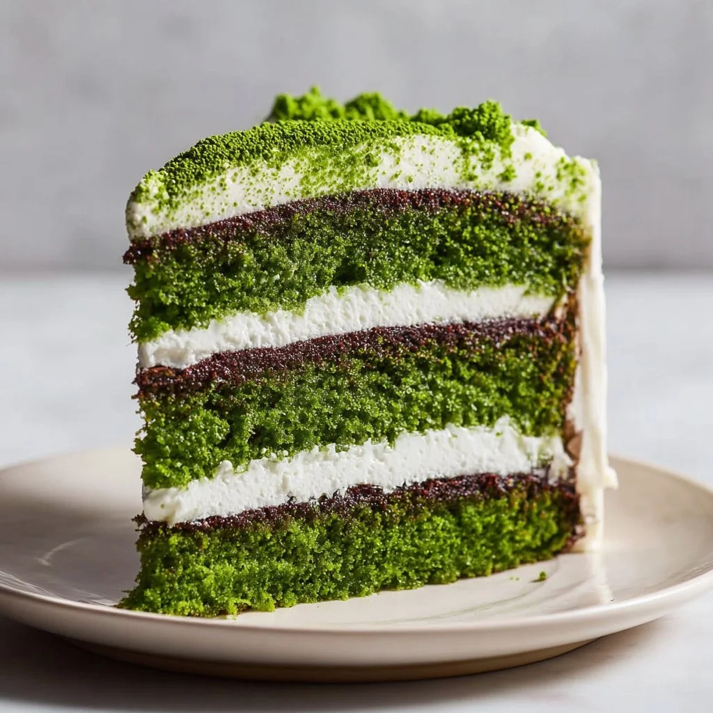 Delicious Green Velvet Cake slice with cream cheese frosting.