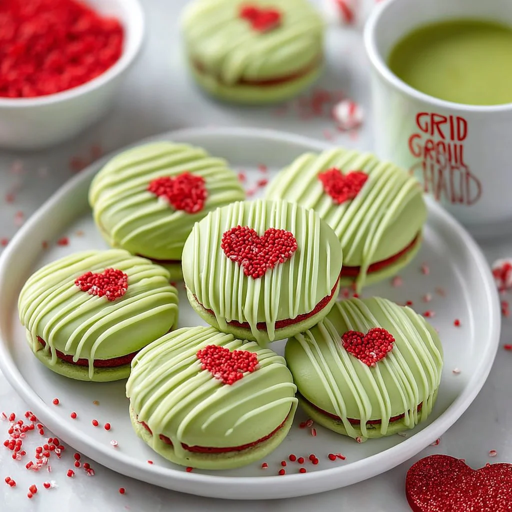 Festive Grinch Oreos decorated for the holiday season
